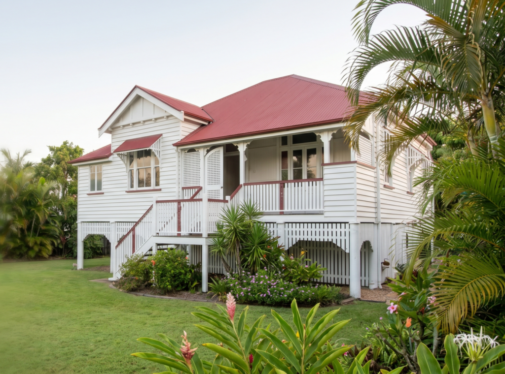 Queenslander home with red tin roof and timber detailing