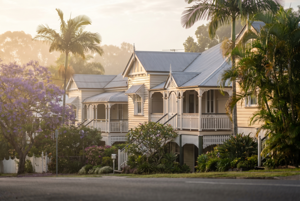 Restored white Queenslander cottage with iron roof
