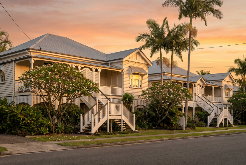 Queenslander home at sunset with tropical palms