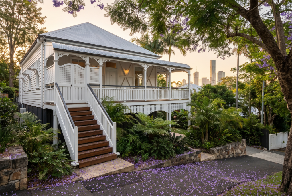 win-gabled Queenslander home framed by palm trees